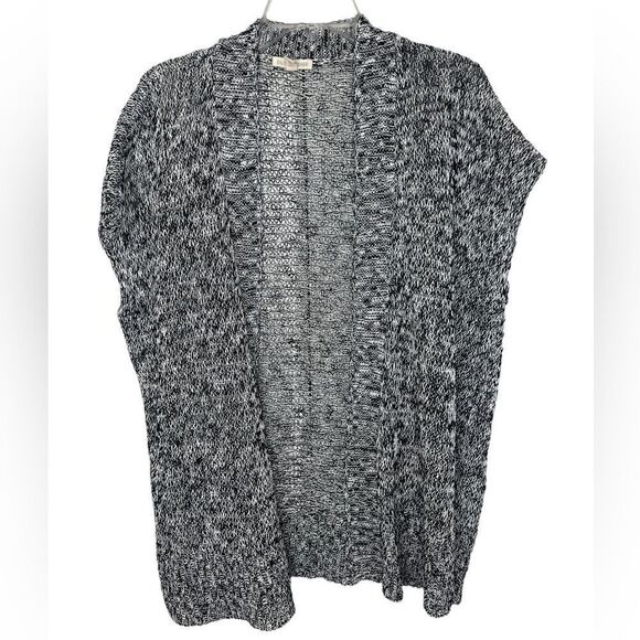 Eileen Fisher Black/White Short-Sleeve Melange Linen Grain Twist Cardigan - Picture 2 of 13